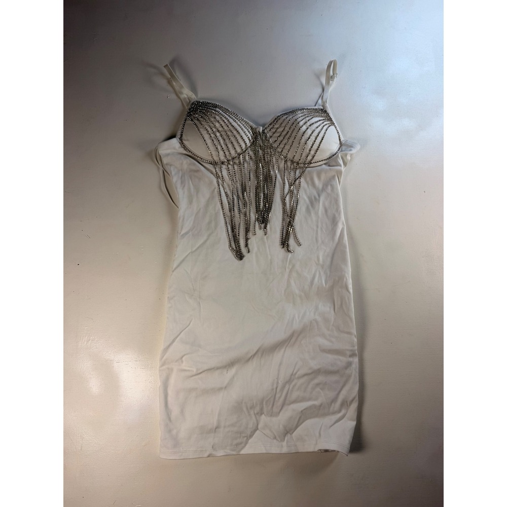 Haute Monde Mini Dress Womens M White Excellent Rhinestone Fringe Bodycon